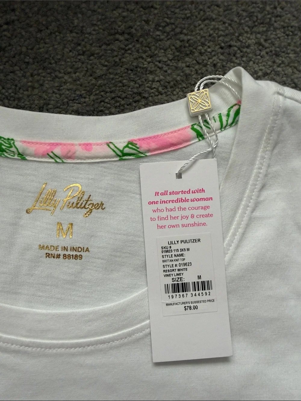 Lilly Pulitzer Brittan White Knit Top with Pink, Green & Blue Floral Puff Sleeve